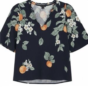Floral Print V-Neck Top - Navy and Orange